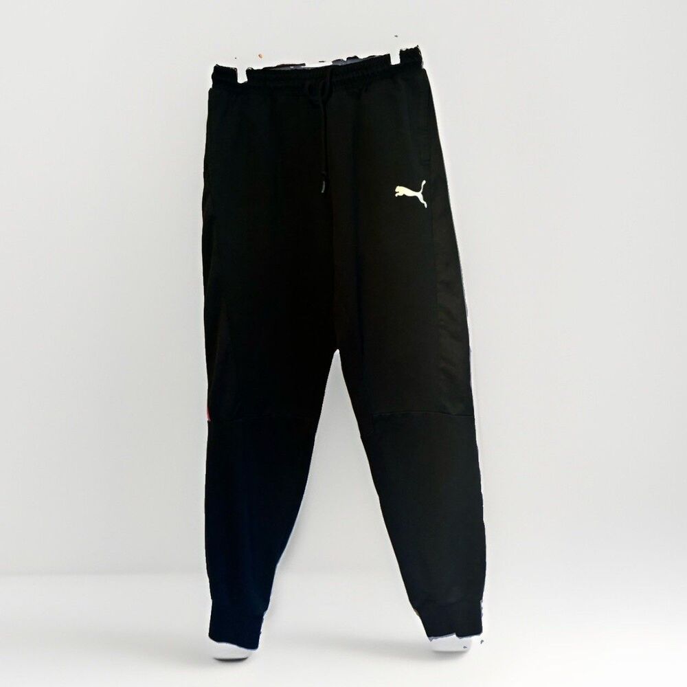 PUMA Womens Jogger Pants Small Black Pink Logo Tape Drawstring Sweatpants